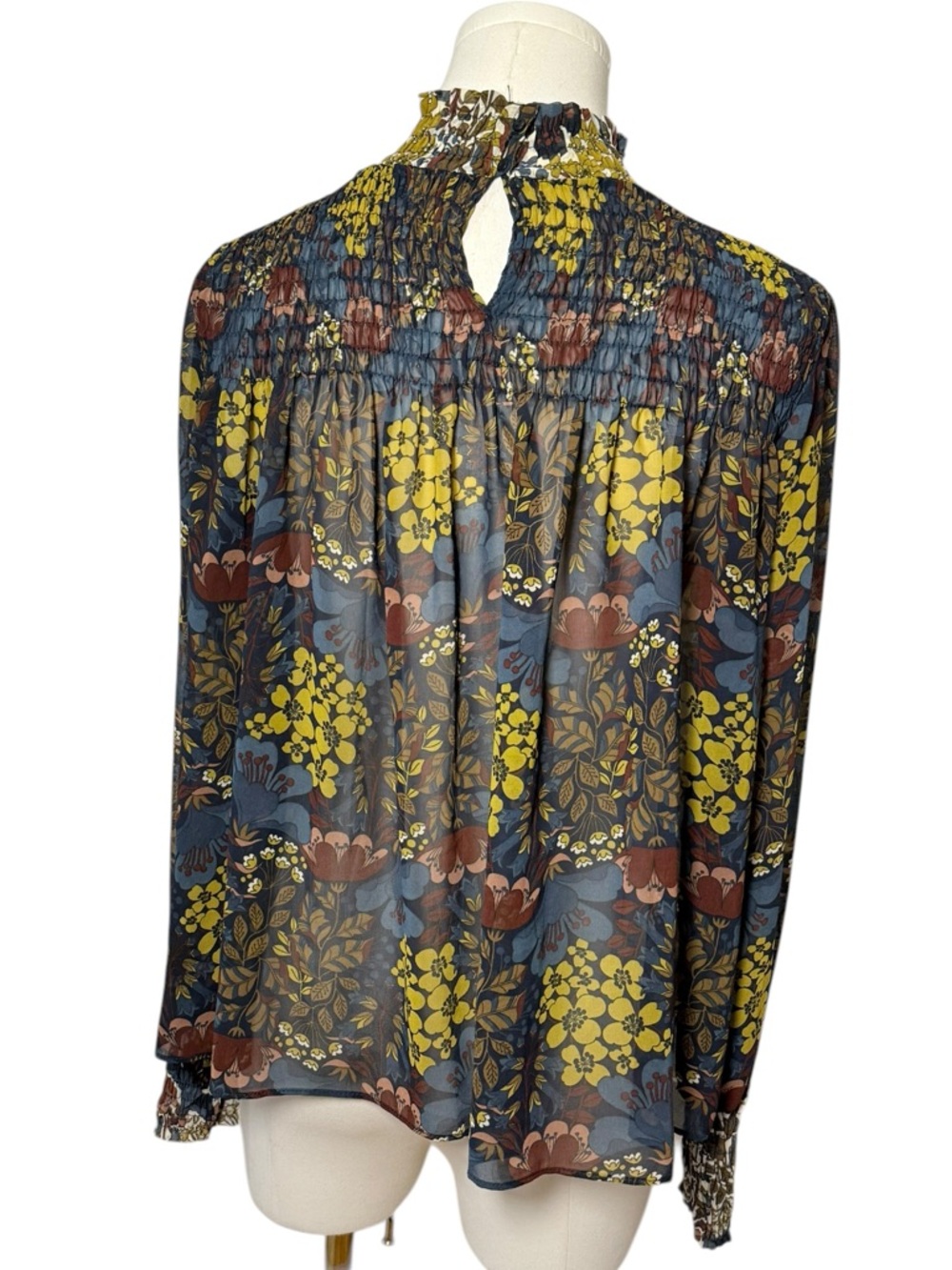 Zara Trafaluc Floral Smocked High Neck Blouse Sheer Black Size Small - Picture 4 of 8